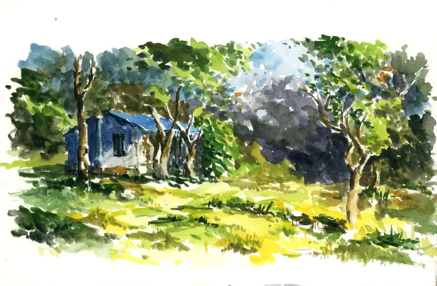 Watercolor of an abandoned house surrounded by sunlit trees