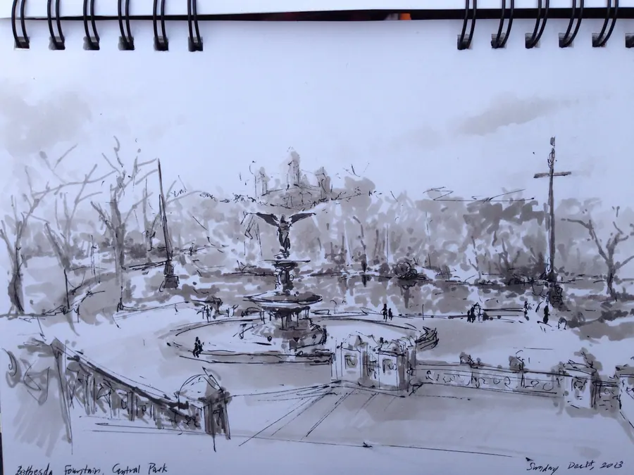 Cool gray marker drawing overlooking Bethesda Fountain in Central Park