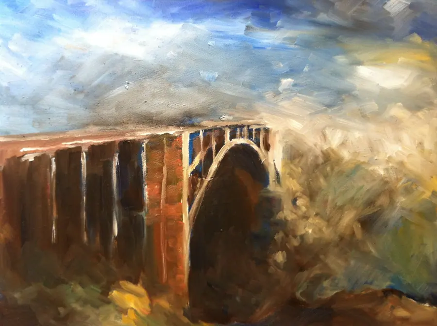 Oil painting of Bixby Bridge emerging through coastal light