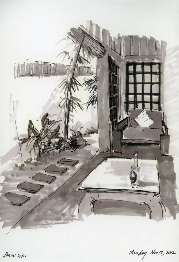 Marker drawing of a quiet indoor-outdoor room at Bonsai Villas in Indonesia