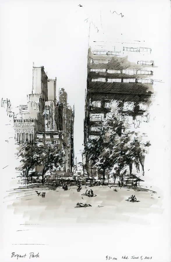 Vertical marker cityscape of Bryant Park