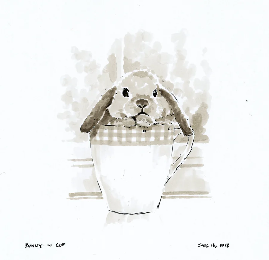 Marker drawing of a lop-eared rabbit peeking out of a teacup
