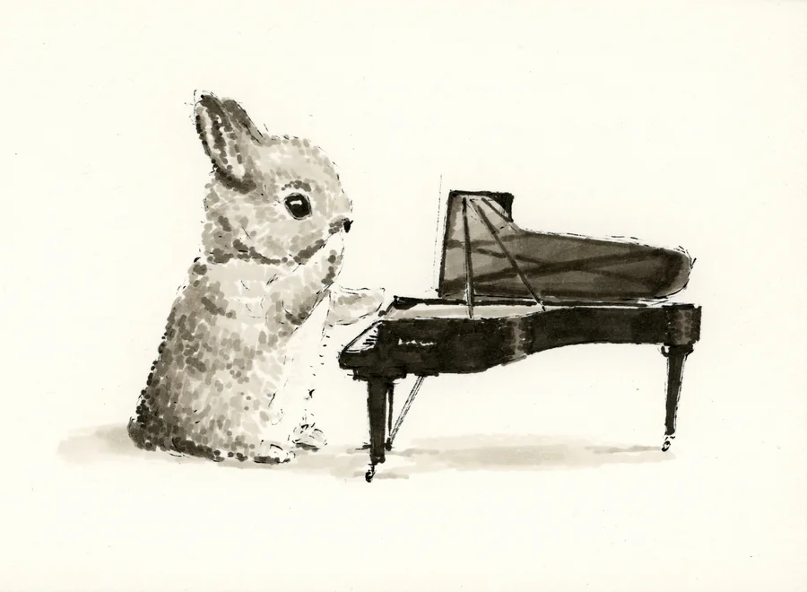 Marker drawing of a rabbit seated at a grand piano