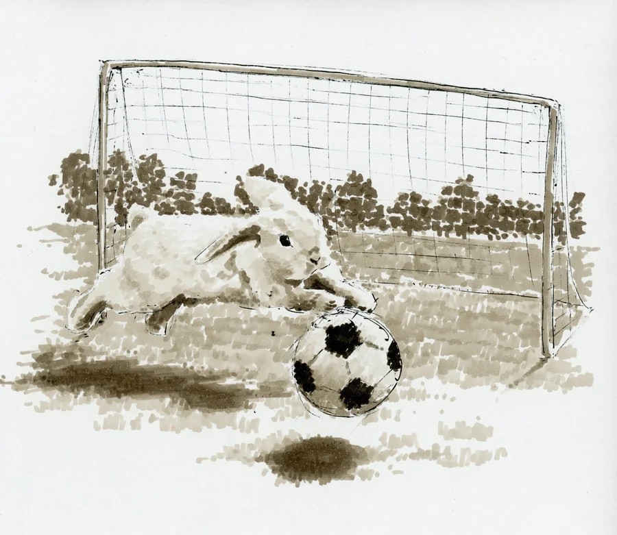 Marker drawing of a rabbit goalkeeper diving toward a soccer ball