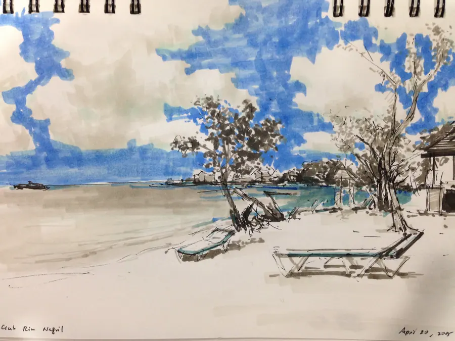 Color marker drawing of a palm-lined beach at Club Riu Negril