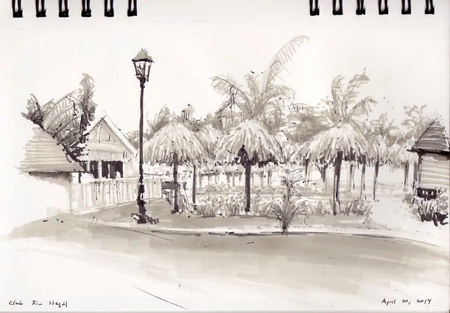 Warm gray marker drawing of a waterfront gazebo and palms at Club Riu Negril
