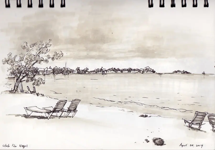 Warm gray marker drawing of chairs facing the shoreline at Club Riu Negril