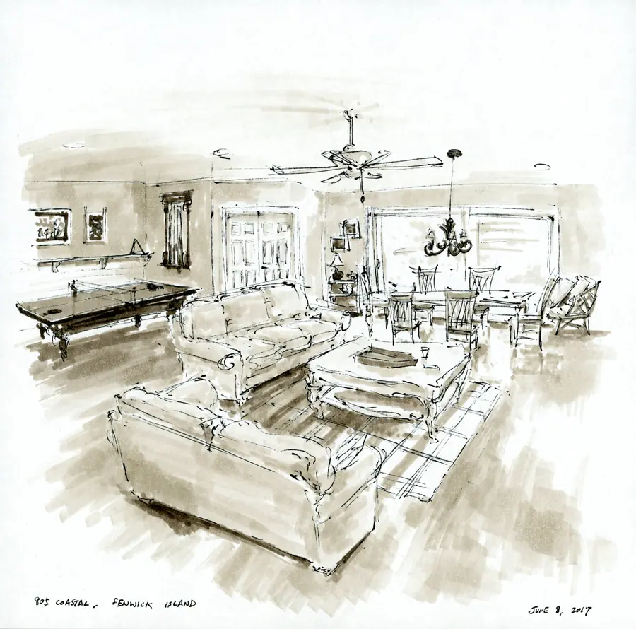 Marker drawing of an open living room at a coastal house