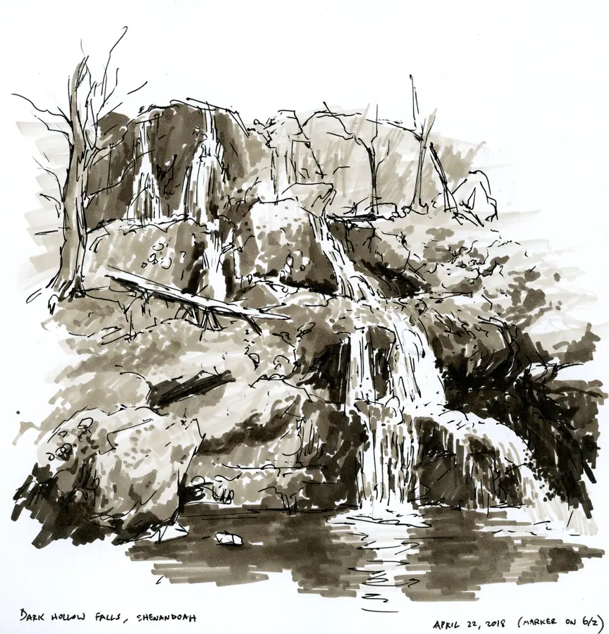 Marker drawing of water descending over rocks at Dark Hollow Falls