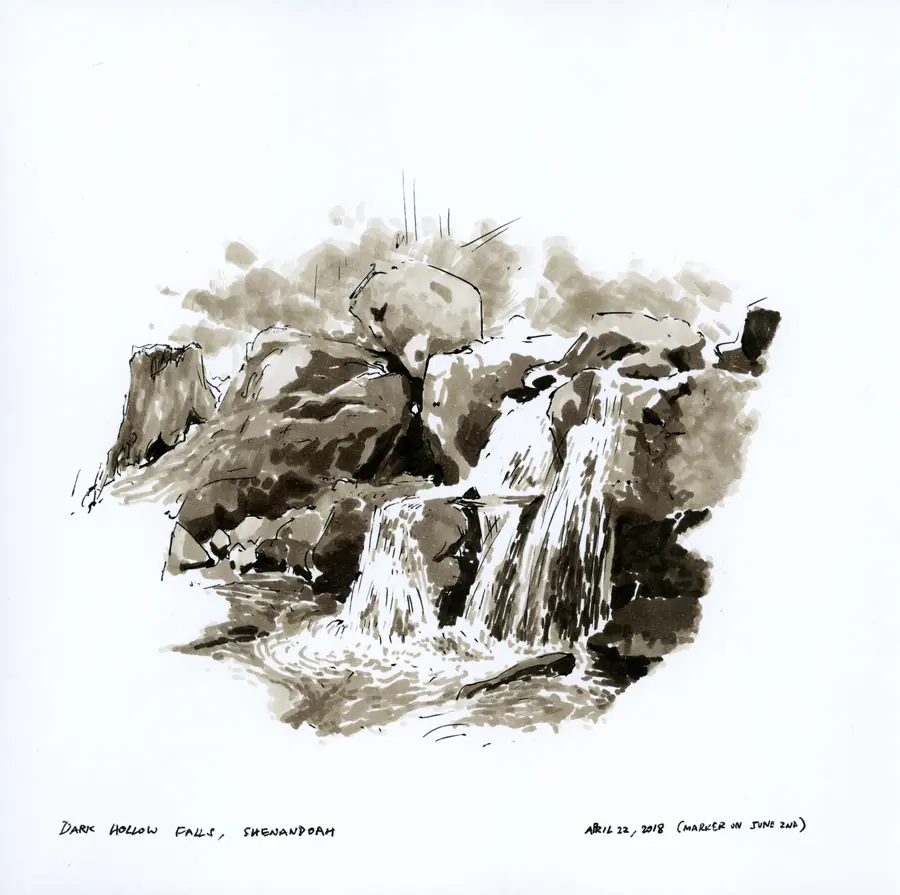 Marker study of a small waterfall and boulders at Dark Hollow Falls