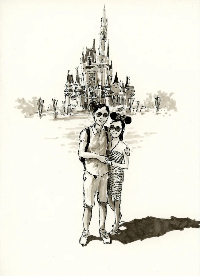 Marker drawing of a family standing in front of Cinderella Castle at Disneyworld