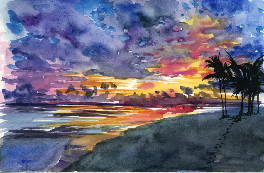Watercolor sunrise in violet, blue, orange, and gold over a tropical coast