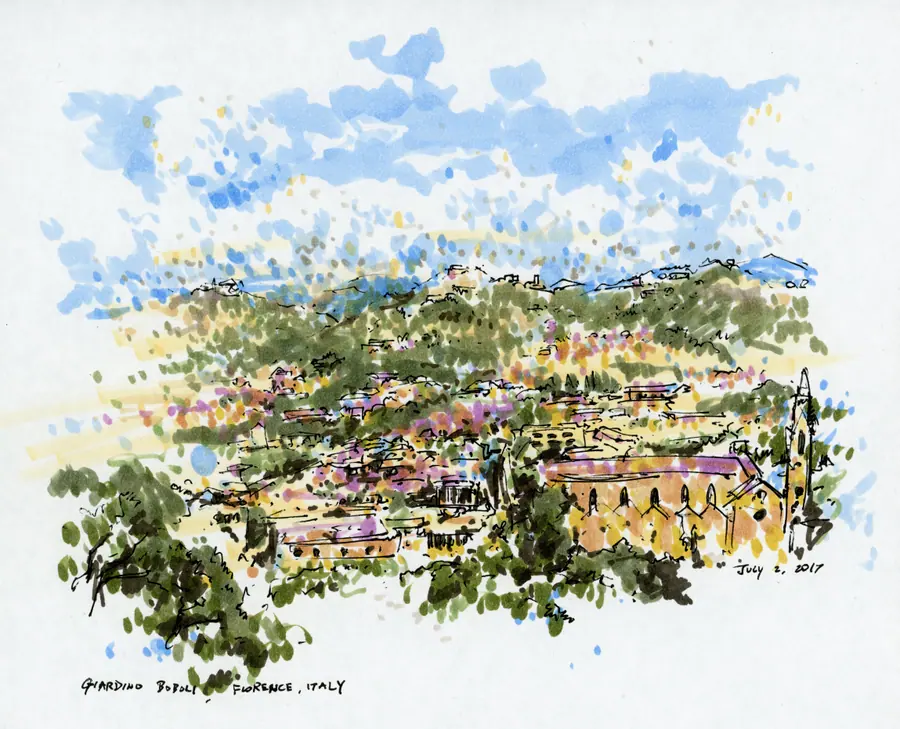 Color marker landscape looking across Florence from the Boboli Gardens