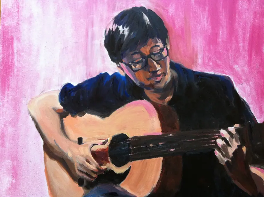Oil self-portrait of Loren playing an acoustic guitar against a pink background