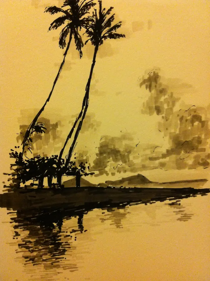 Sepia marker drawing of palm trees reflected in a tropical shoreline at sunset