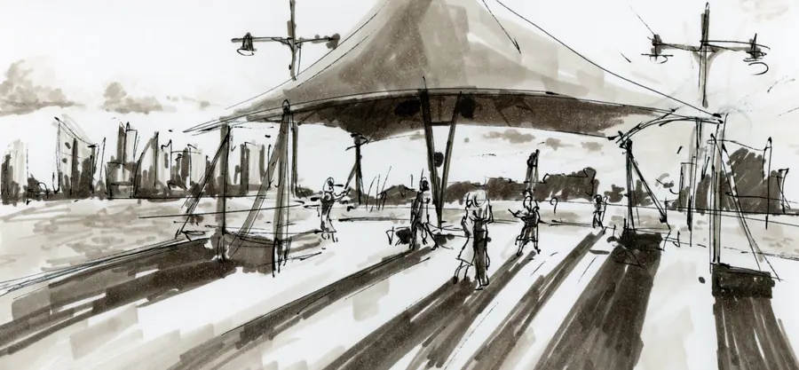 Wide marker drawing of the Hudson River Park waterfront at sunset