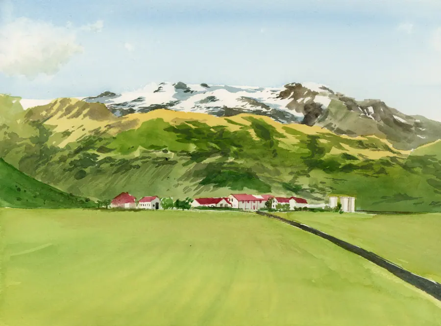 Watercolor of green fields, red-roofed buildings, and snowcapped mountains in Iceland