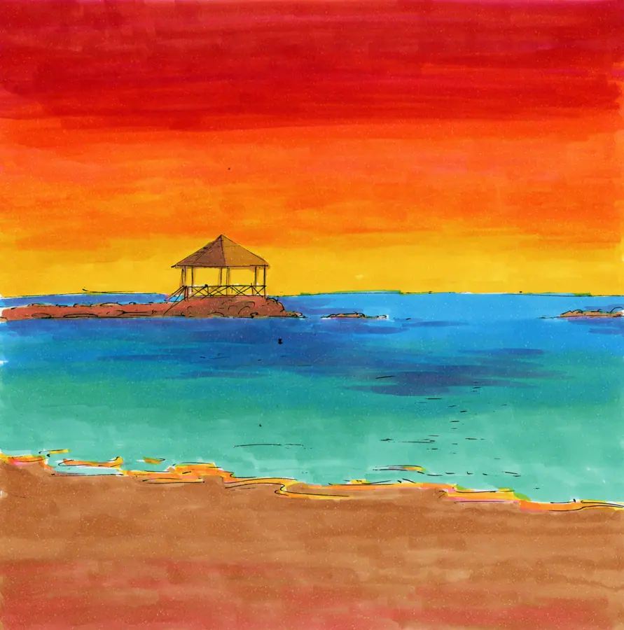 Color marker seascape at sunset in Montego Bay