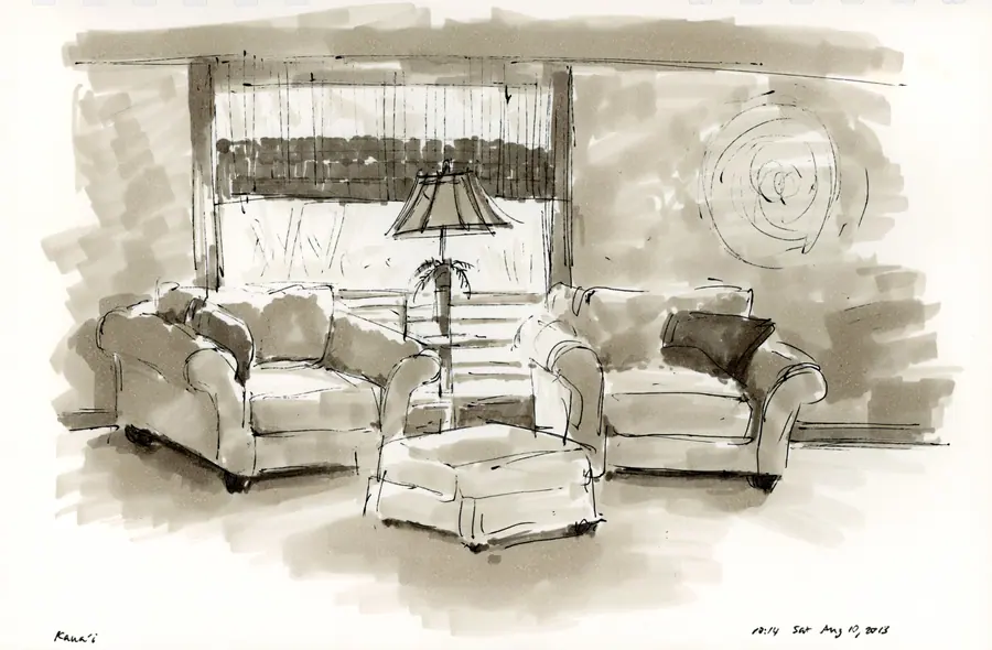 Marker drawing of a living room in Kauai