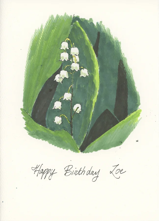Color marker birthday-card study of white lily-of-the-valley flowers against green leaves