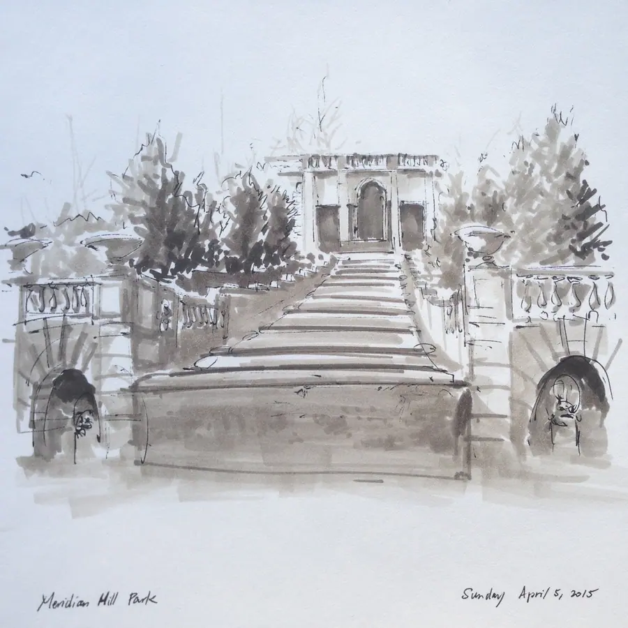 Marker drawing looking up the formal steps and terraces at Meridian Hill Park