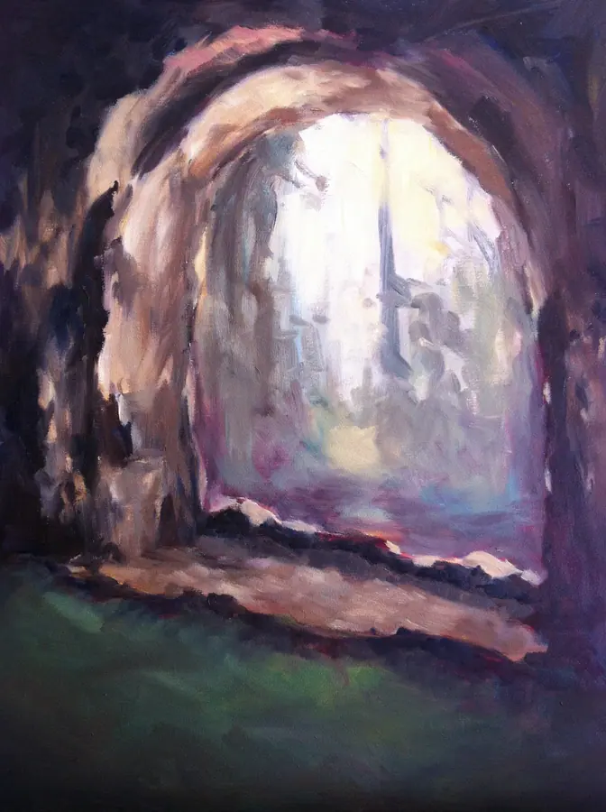 Oil painting looking through a shadowed stone arch toward a luminous city