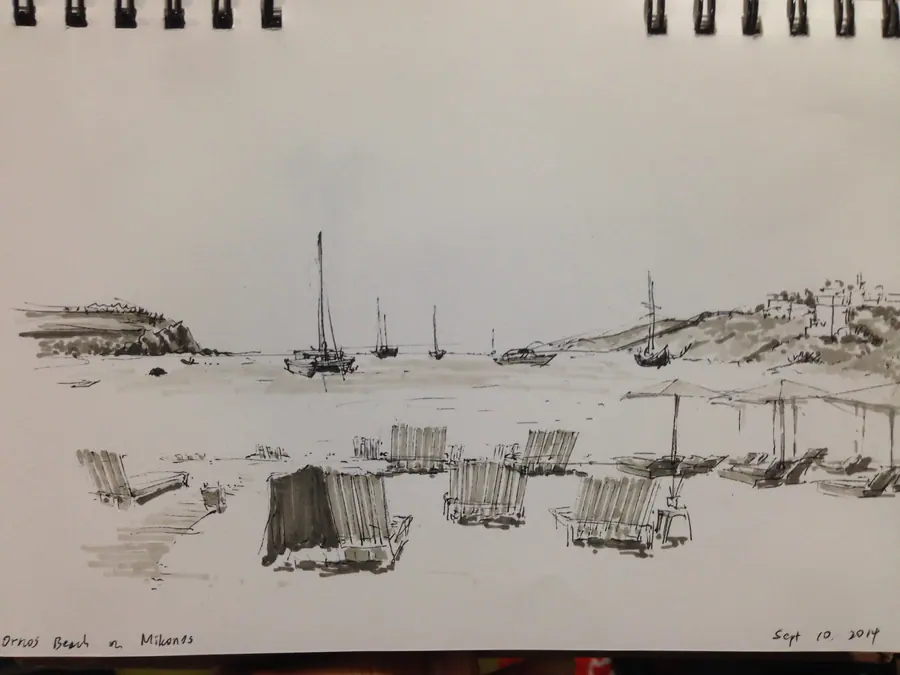 Marker drawing of lounge chairs, boats, and the shoreline at Ornos Beach