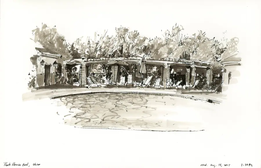 Wide marker drawing of a pool and shaded structure in Chino