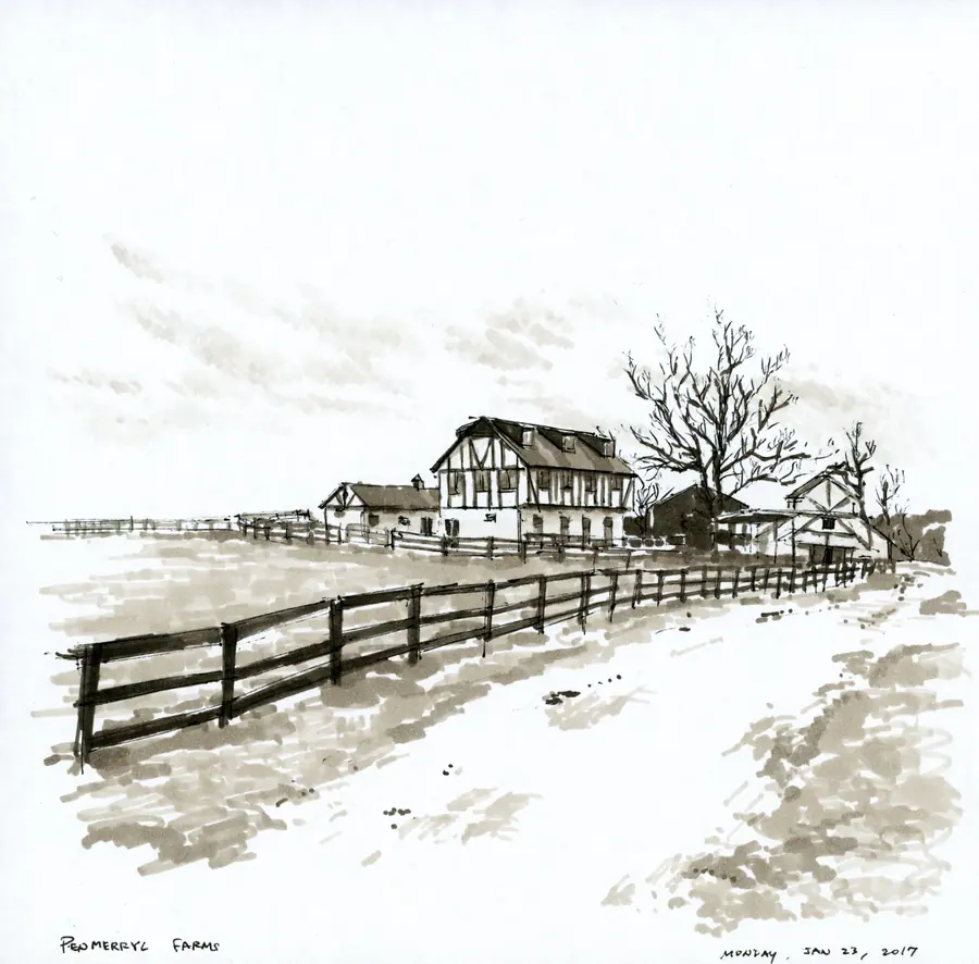 Marker landscape of farm buildings and fences at Penmerryl Farms