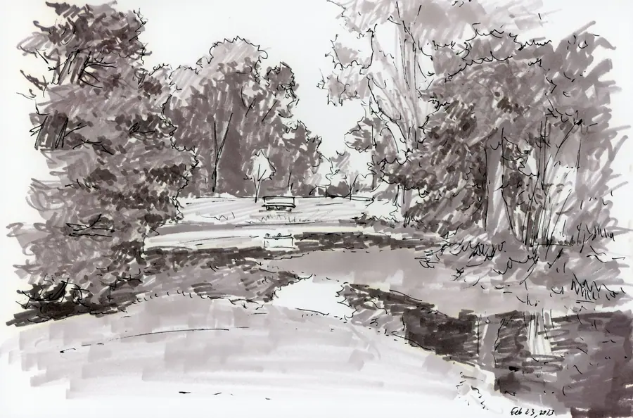 Marker landscape of a pond and bridge in Golden Gate Park