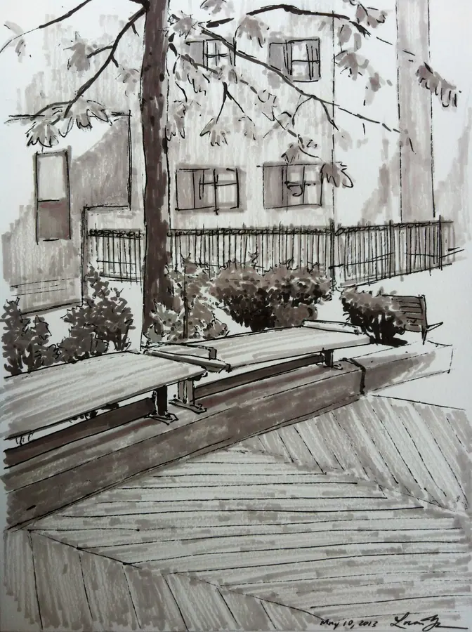 Marker drawing of a residential walkway and courtyard between buildings