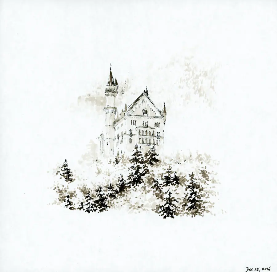 Small marker drawing of a castle among snowy trees