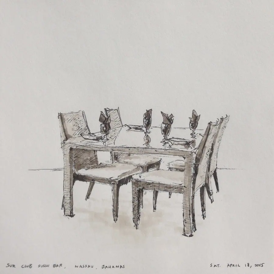 Marker study of a dining table and chairs at Sur Club Sushi Bar in Nassau