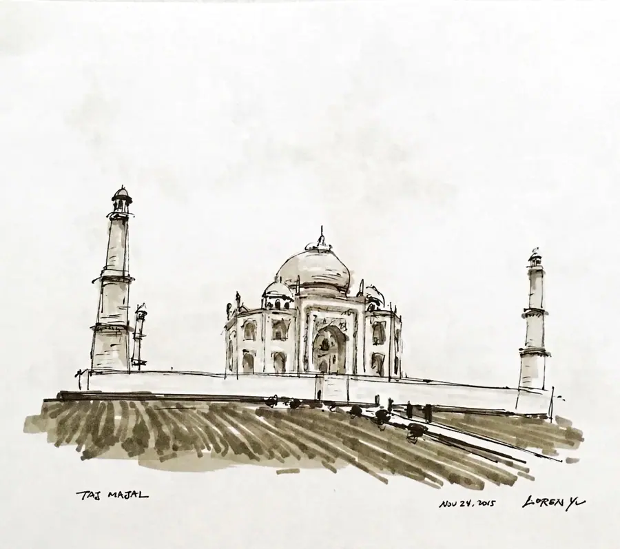 Warm gray marker drawing of the Taj Mahal
