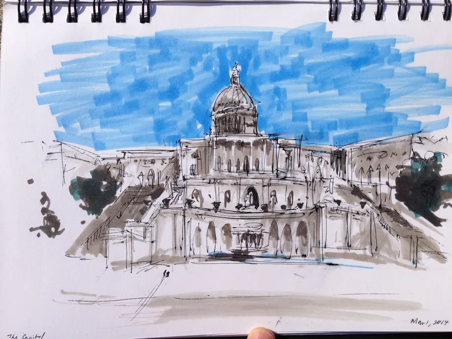 Marker drawing of the United States Capitol beneath a blue sky
