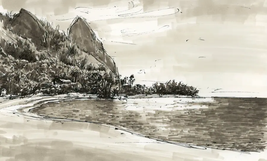 Warm gray marker landscape of Tunnels Beach in Kauai