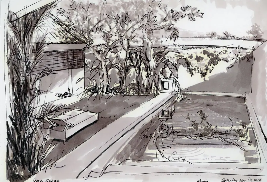 Marker drawing of the grounds and architecture at Uma Sapna in Indonesia