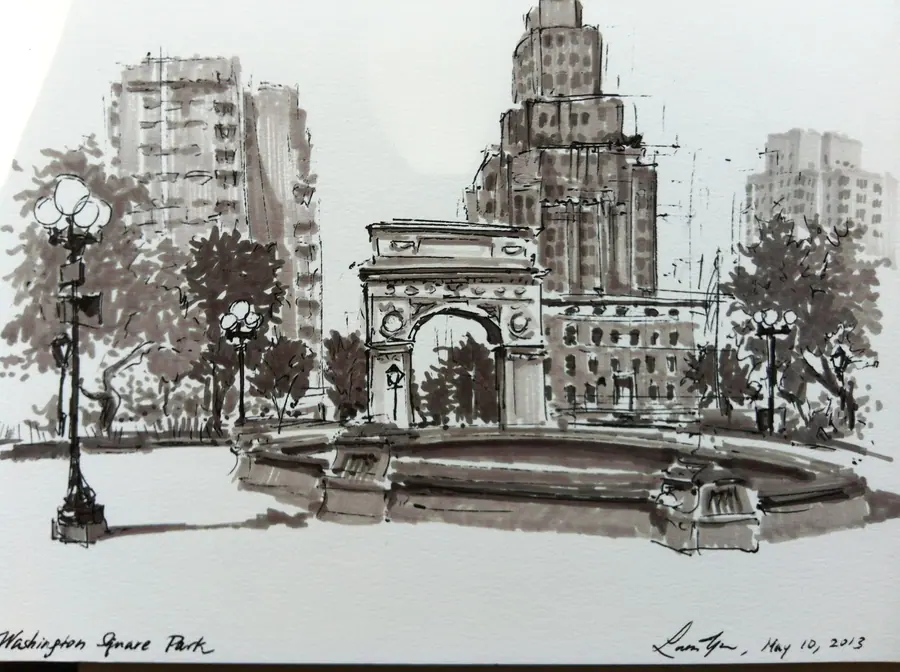Marker drawing of the Washington Square Arch and fountain framed by Manhattan buildings