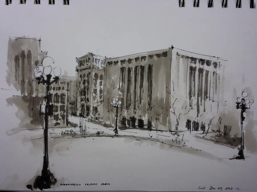 Marker streetscape drawn from Washington Square Park