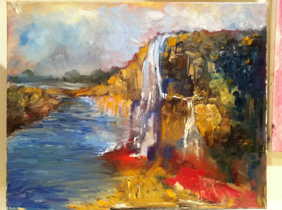 Oil painting of a waterfall descending from a rocky cliff into blue water