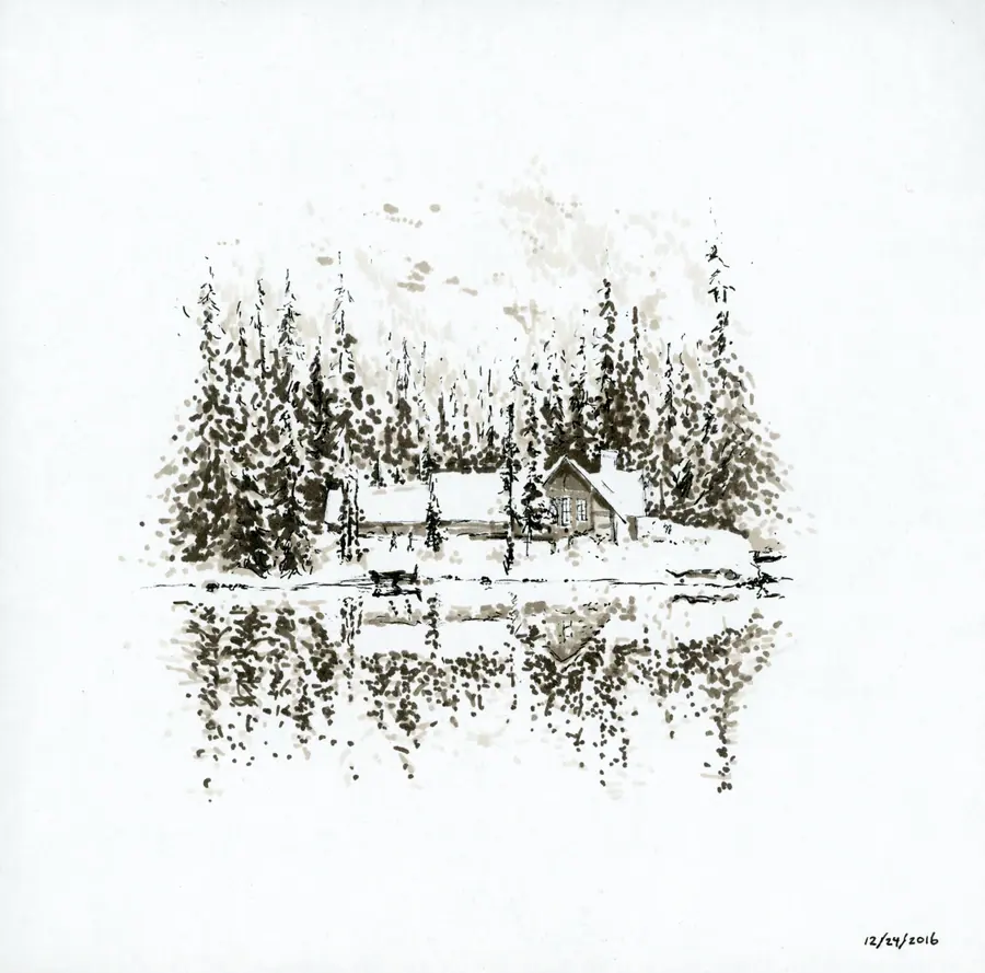 Marker landscape of a cabin reflected in a snowy lake
