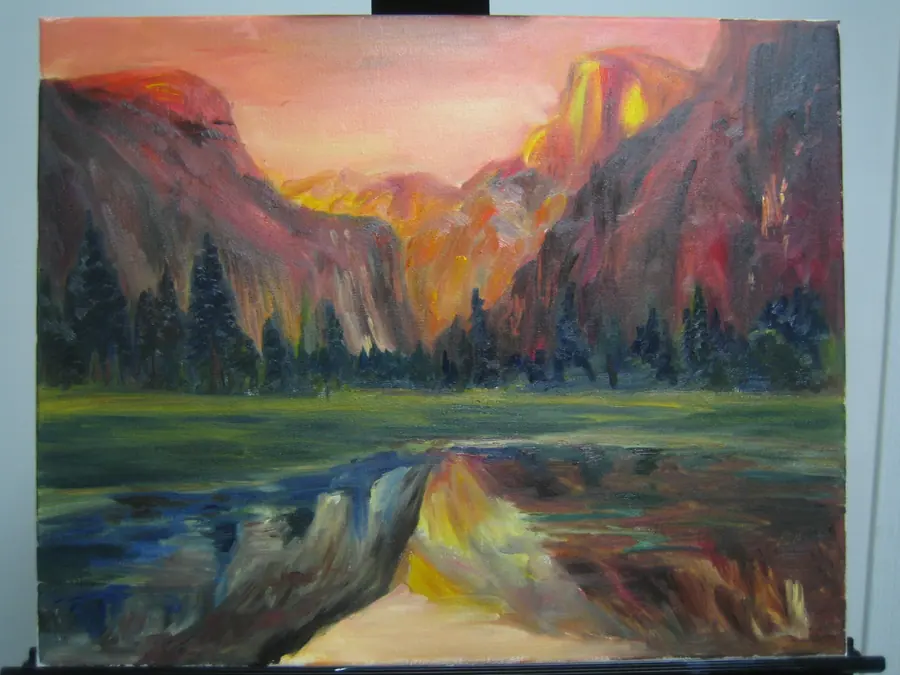 Oil landscape of Yosemite cliffs glowing at sunset