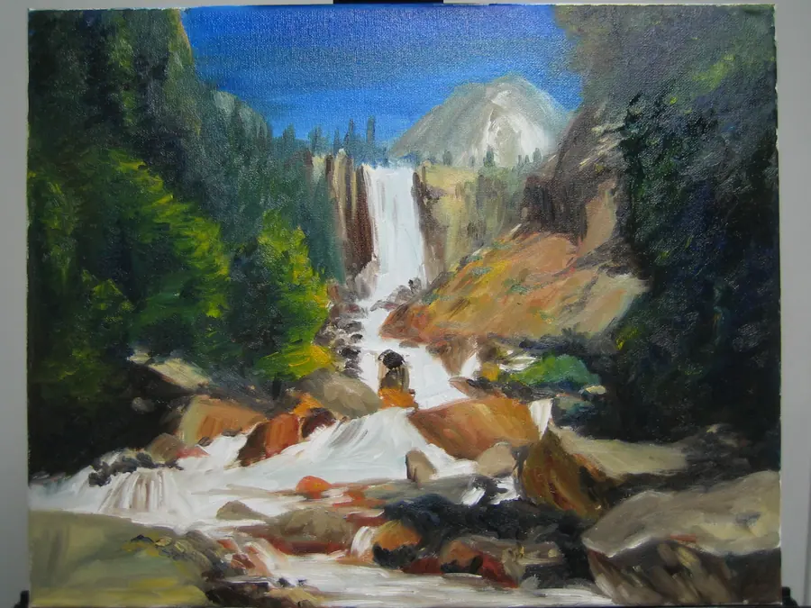 Oil landscape of a Yosemite waterfall cascading between dark trees and boulders